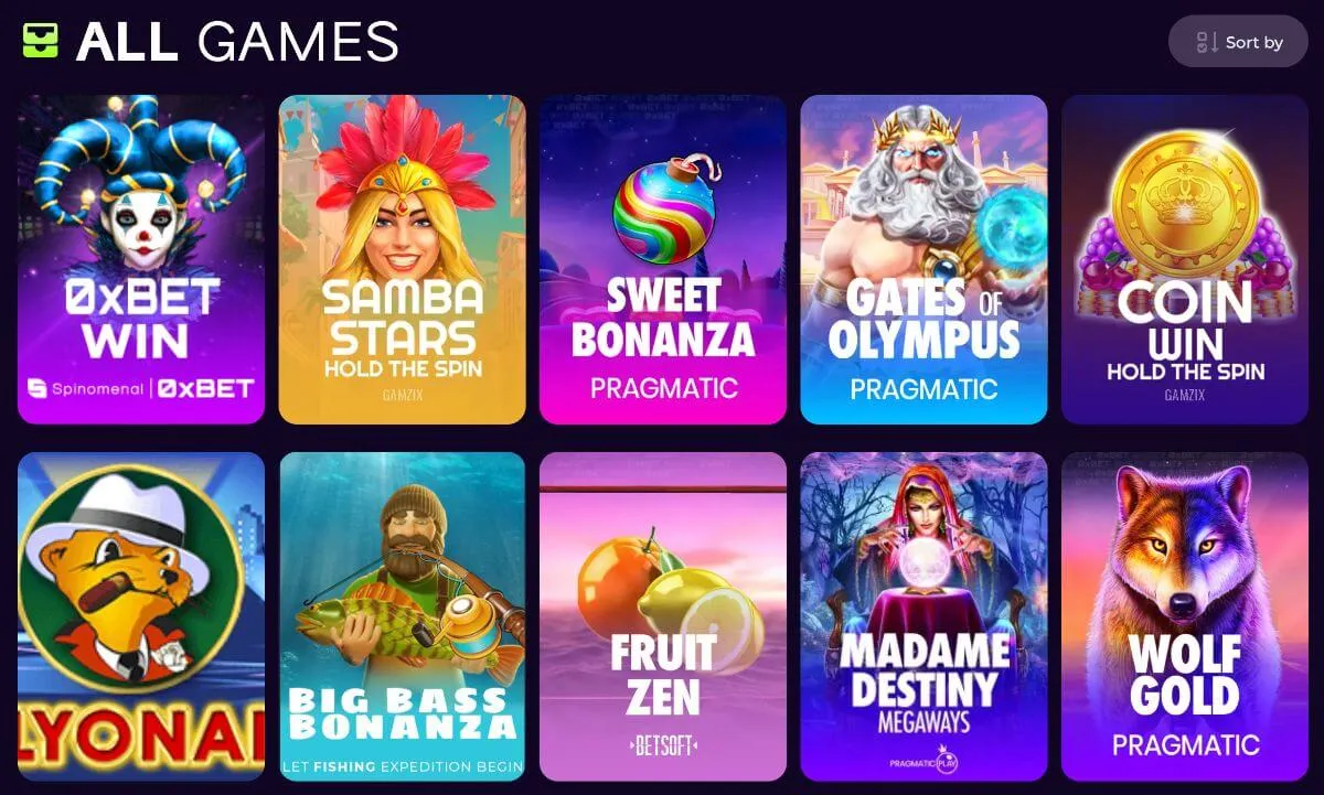 Spelutbudet på 0xBet med slots som Sweet Bonanza, Gates of Olympus och Big Bass Bonanza