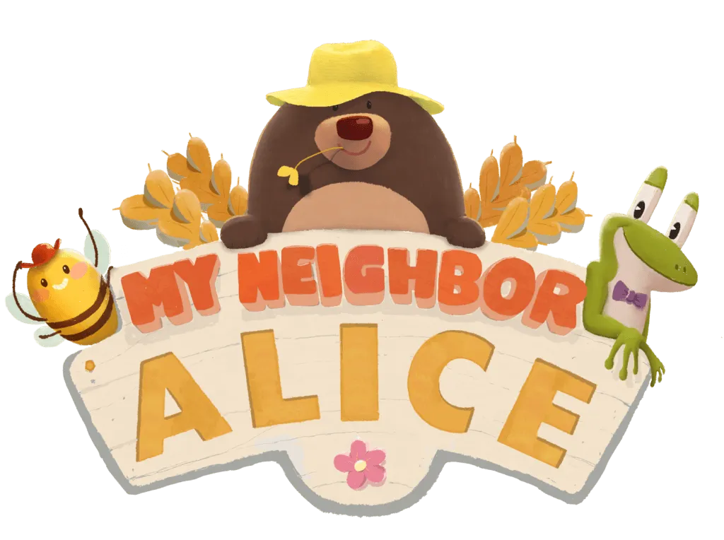 Logotypen för spelet My Neighbor Alice med en mullvad i hatt, ett bi och en groda