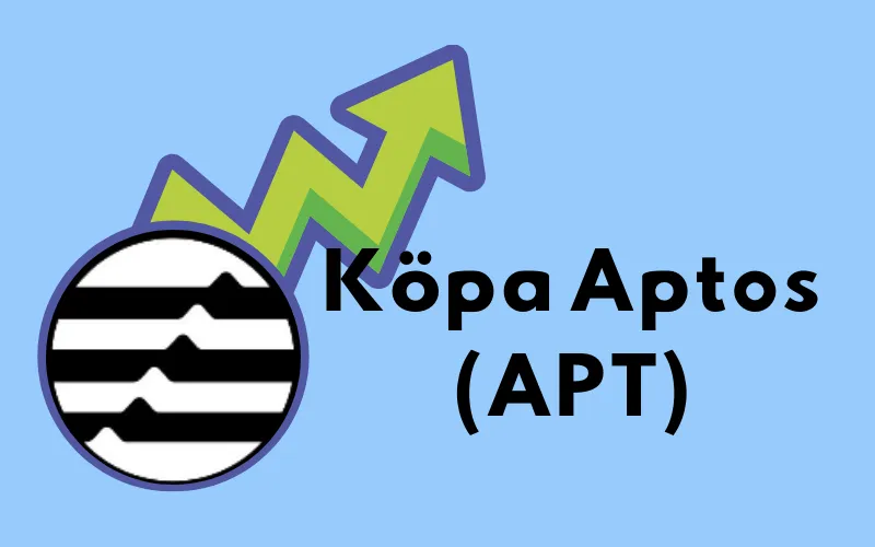 Aptos-logotypen med stigande grön pil och texten ”Köpa Aptos (APT)”