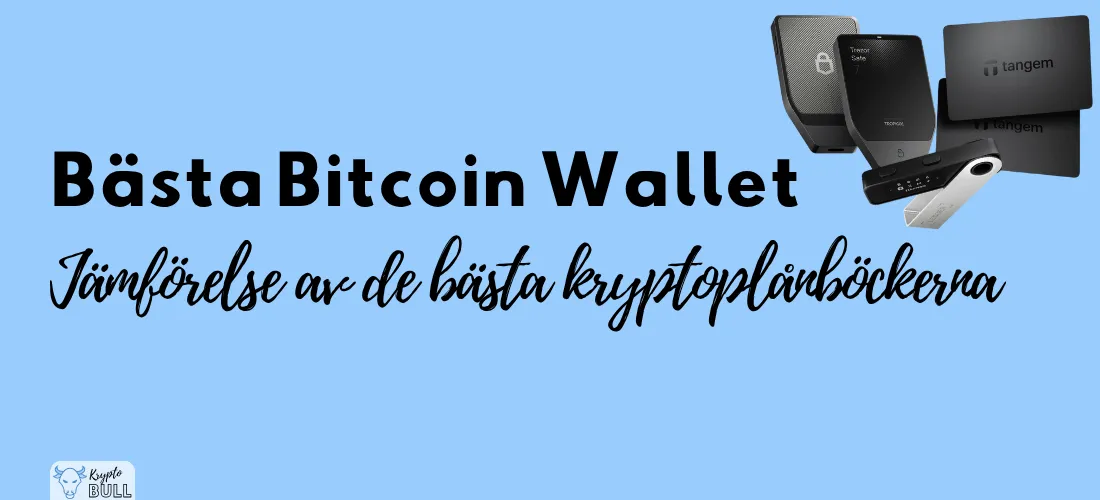 Hårdvaruplånböckerna Ledger Nano X, Trezor Safe 5 och Tangem bredvid rubriken ”Bästa Bitcoin Wallet”