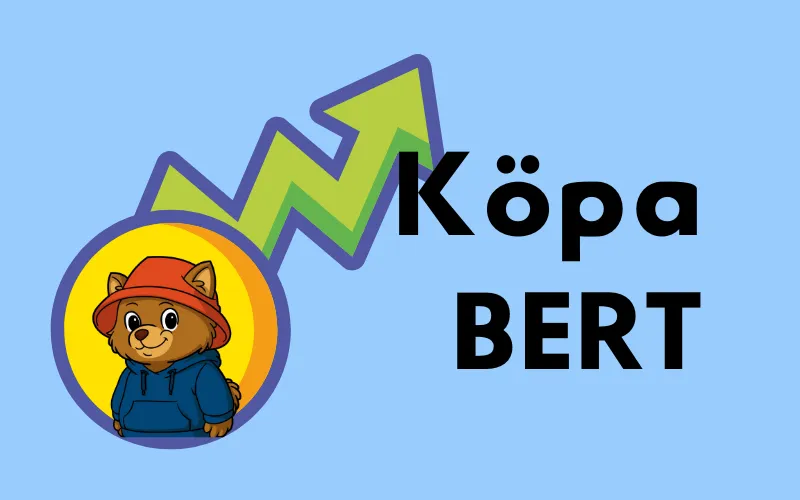 BERT-mynt med hunden i röd hatt med stigande grön pil och texten ”Köpa BERT”