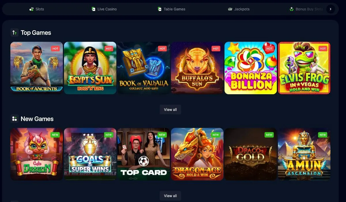 Spelutbudet på Bets.io med topplistan och nya spel