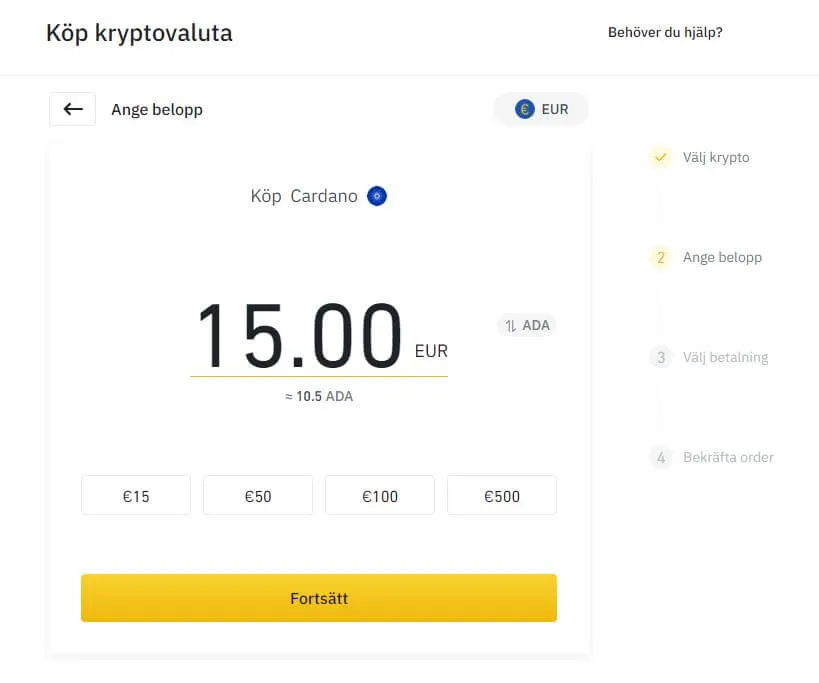 Köp av Cardano på Binance med beloppet 15 EUR ifyllt