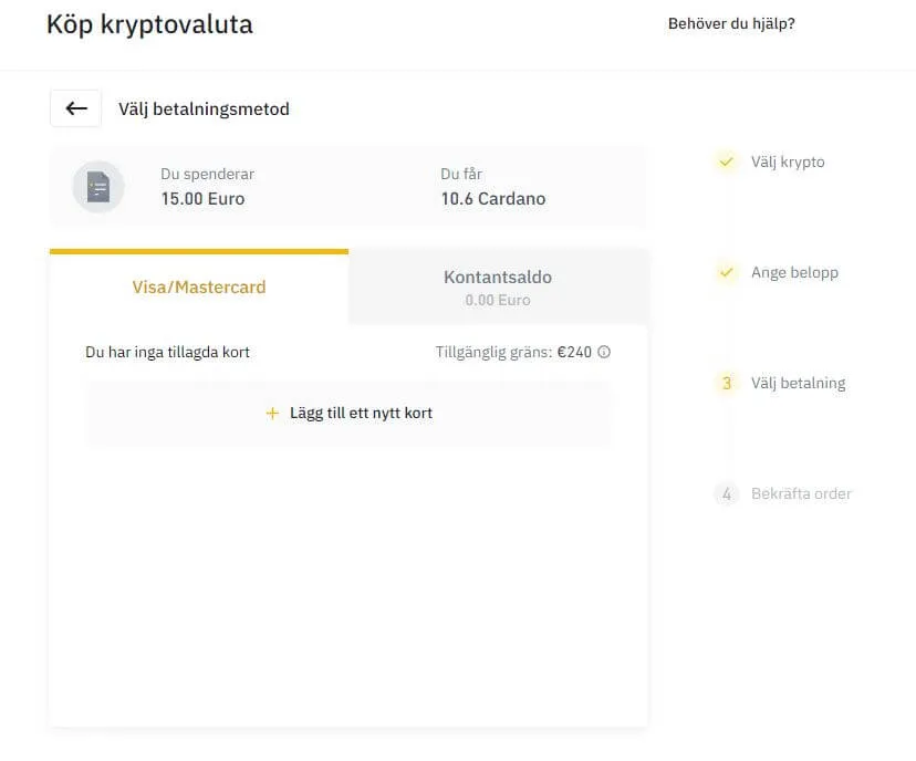 Val av betalningsmetod på Binance med fliken Visa/Mastercard och knappen för att lägga till kort
