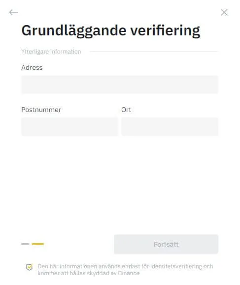 Grundläggande verifiering på Binance: adress, postnummer och ort