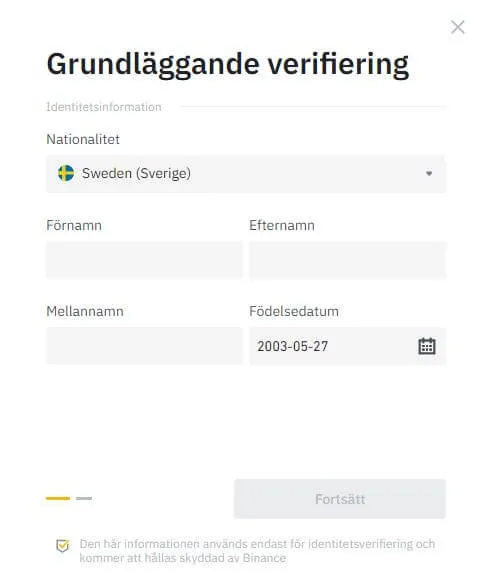 Grundläggande verifiering på Binance: nationalitet, namn och födelsedatum