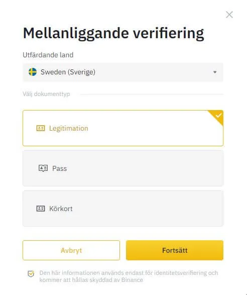 Val av id-handling på Binance: legitimation, pass eller körkort