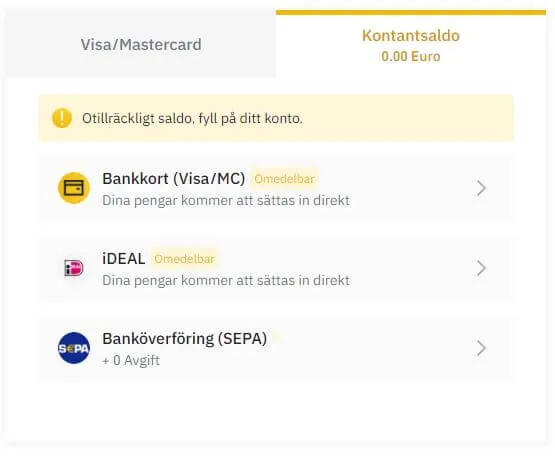 Kontantsaldot på Binance med bankkort, iDEAL och SEPA-överföring som sätt att fylla på