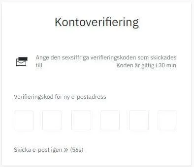 Kontoverifiering på Binance med fält för den sexsiffriga koden från e-posten