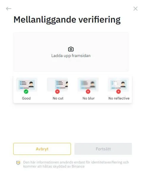 Uppladdning av id-handlingens framsida på Binance med exempel på godkända och underkända bilder