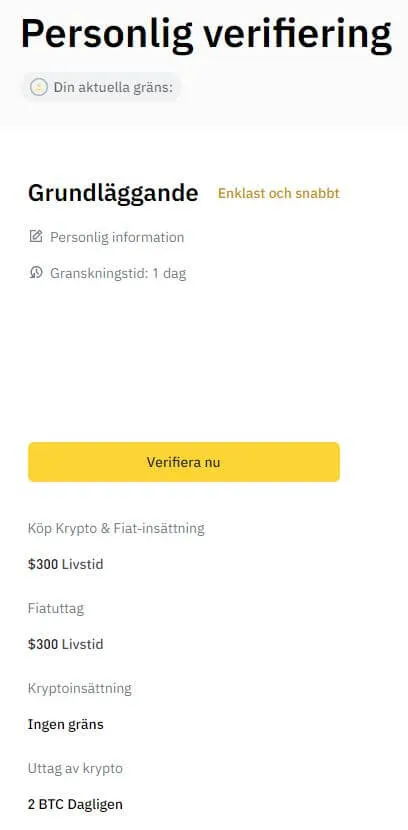 Personlig verifiering på Binance med nivån Grundläggande och knappen Verifiera nu