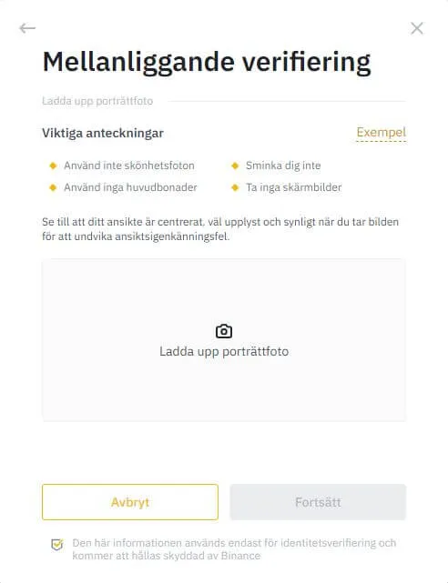 Uppladdning av porträttbild för verifiering på Binance