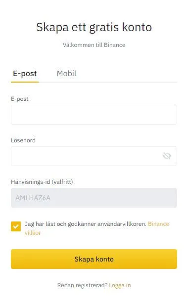 Formuläret ”Skapa ett gratis konto” på Binance med fält för e-post och lösenord