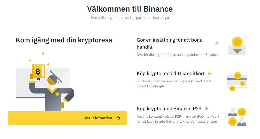 Välkomstsidan på Binance med insättning, kortköp och P2P som sätt att komma igång