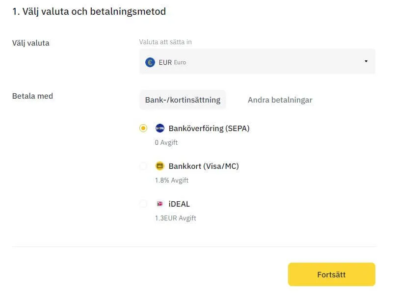 Val av valuta och betalningsmetod på Binance: SEPA, Visa/Mastercard eller iDEAL