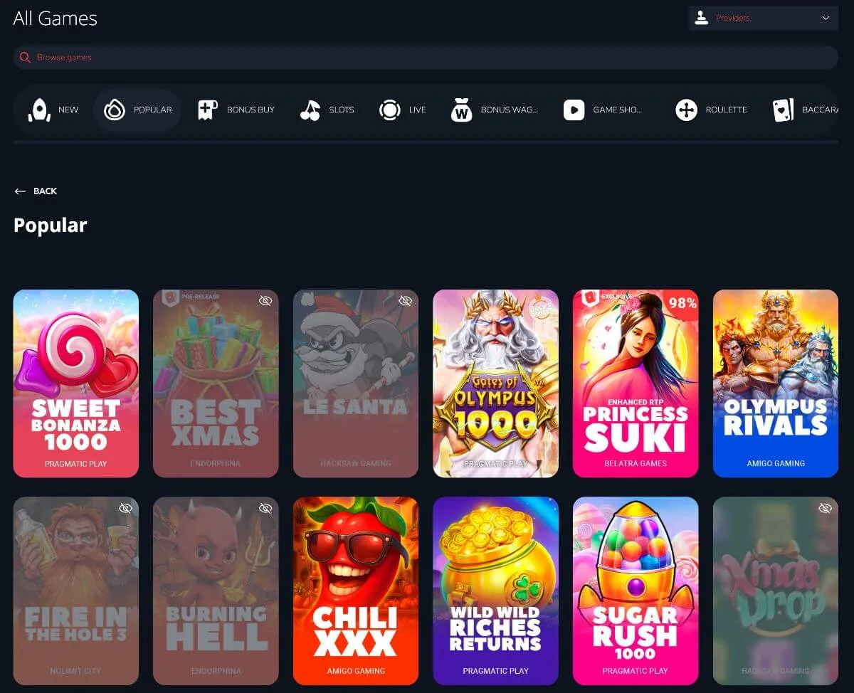 Spelutbudet på Bitz med populära slots som Sweet Bonanza 1000 och Princess Suki