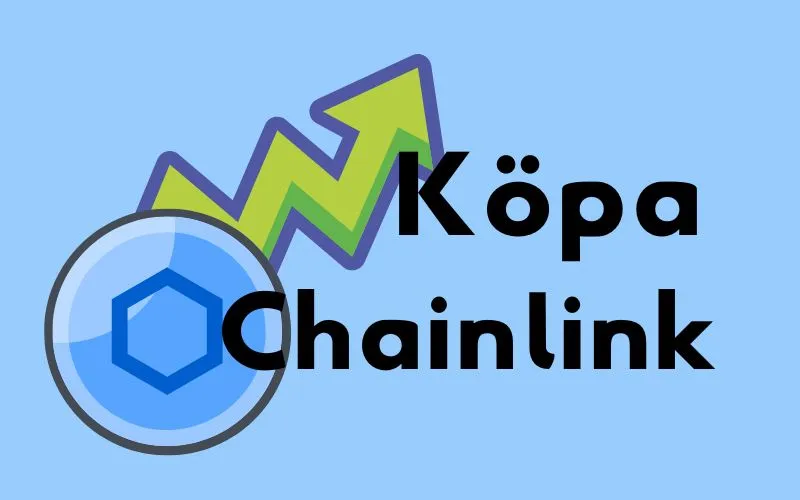 Chainlinks blå logotyp med stigande grön pil och texten ”Köpa Chainlink”