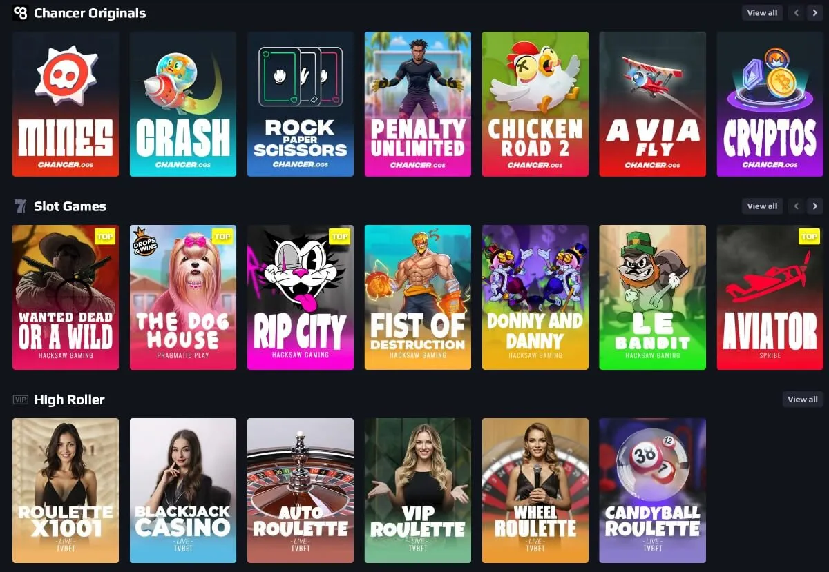 Spelutbudet på Chancer.bet med Chancer Originals, slots och high roller-bord