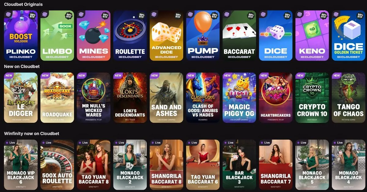 Spelutbudet på Cloudbet med Cloudbet Originals, nya slots och live casino