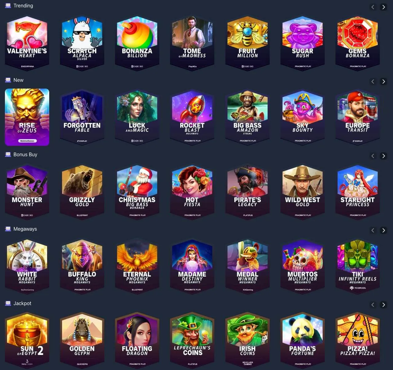 Spelutbudet på Crypto-Games.io med slots sorterade i kategorier