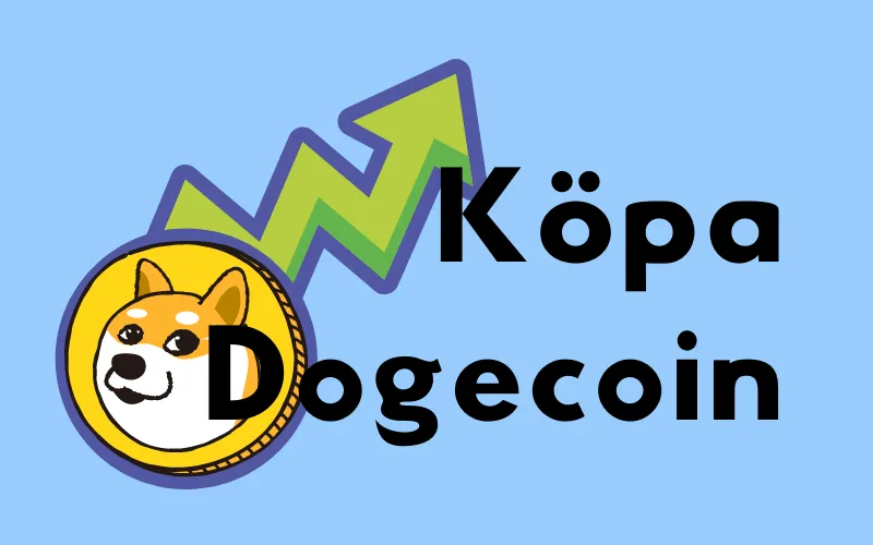 Dogecoin-mynt med shiba inu-hunden med stigande grön pil och texten ”Köpa Dogecoin”