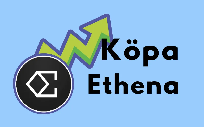 Ethenas svarta logotyp med stigande grön pil och texten ”Köpa Ethena”