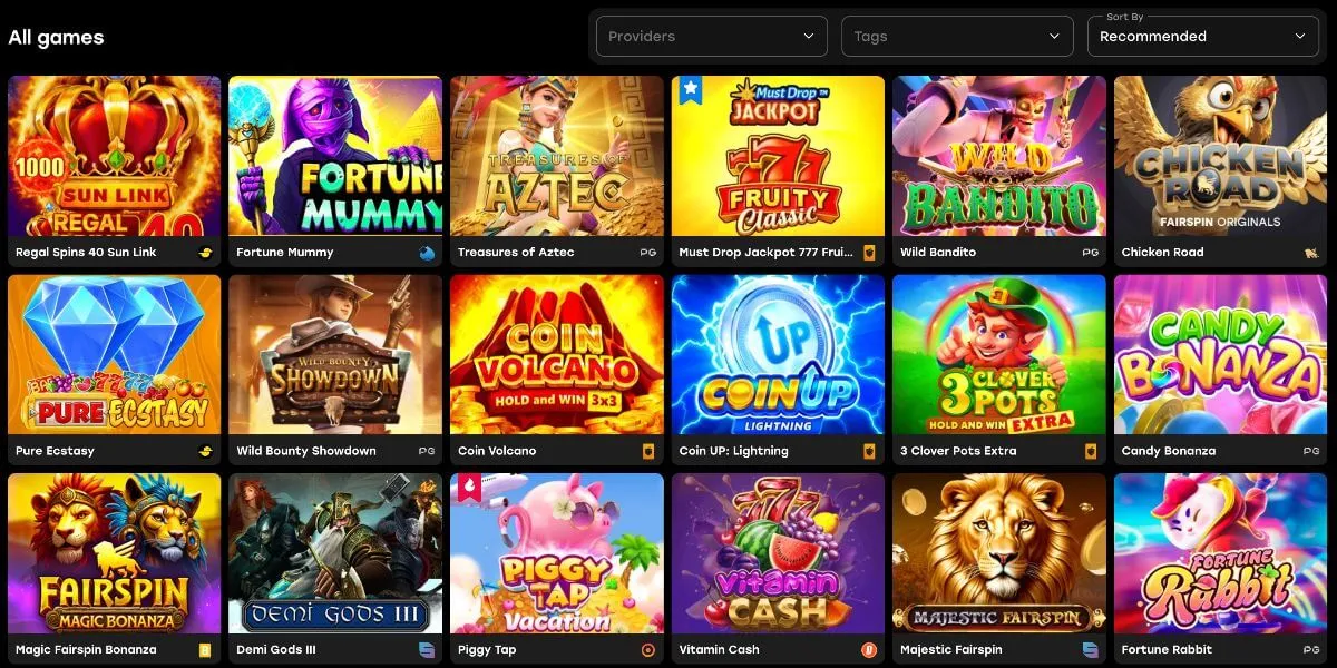 Spelutbudet på Fairspin med slots som Fortune Mummy och Coin Volcano