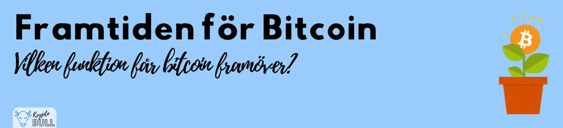 Planta med Bitcoin-mynt i en kruka och rubriken ”Framtiden för Bitcoin”