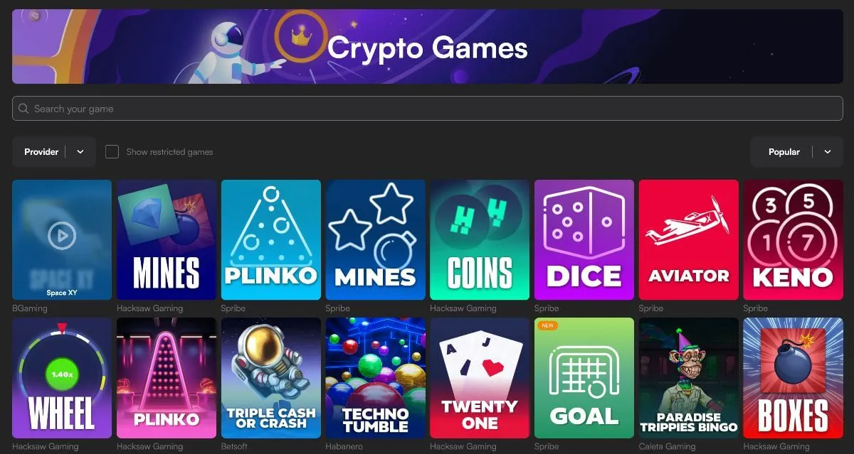 Kryptospel på Gamegram, bland annat Plinko, Mines, Dice och Aviator