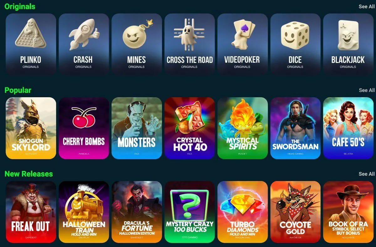 Spelutbudet på Ghostino med originalspel som Plinko, Crash och Mines