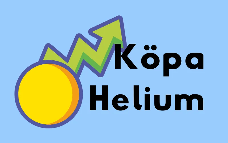 Gult mynt med stigande grön pil och texten ”Köpa Helium”