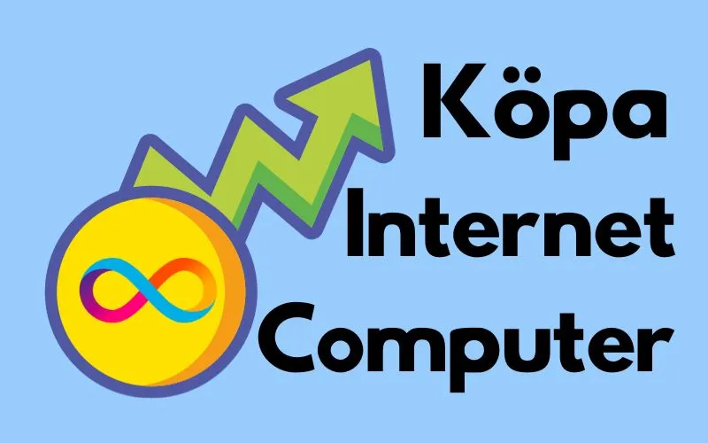 Internet Computer-mynt med oändlighetssymbolen med stigande grön pil och texten ”Köpa Internet Computer”