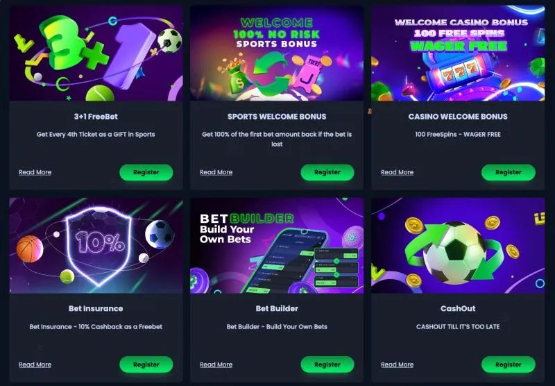 Bonusar på Jackbit, bland annat 3+1 FreeBet, sportbonus och 100 free spins utan omsättningskrav