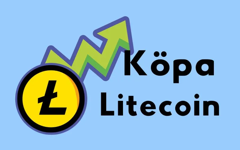 Litecoin-mynt med stigande grön pil och texten ”Köpa Litecoin”