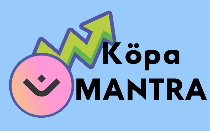 MANTRAs rosa logotyp med stigande grön pil och texten ”Köpa MANTRA”