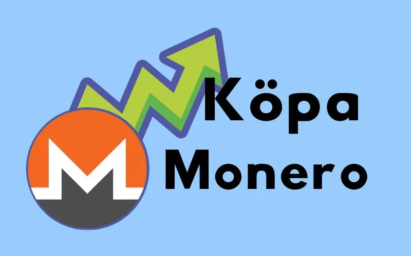 Monero-logotypen med stigande grön pil och texten ”Köpa Monero”