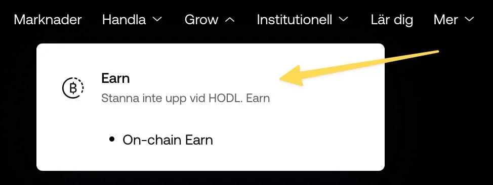 OKX-menyn med en gul pil mot Earn och On-chain Earn