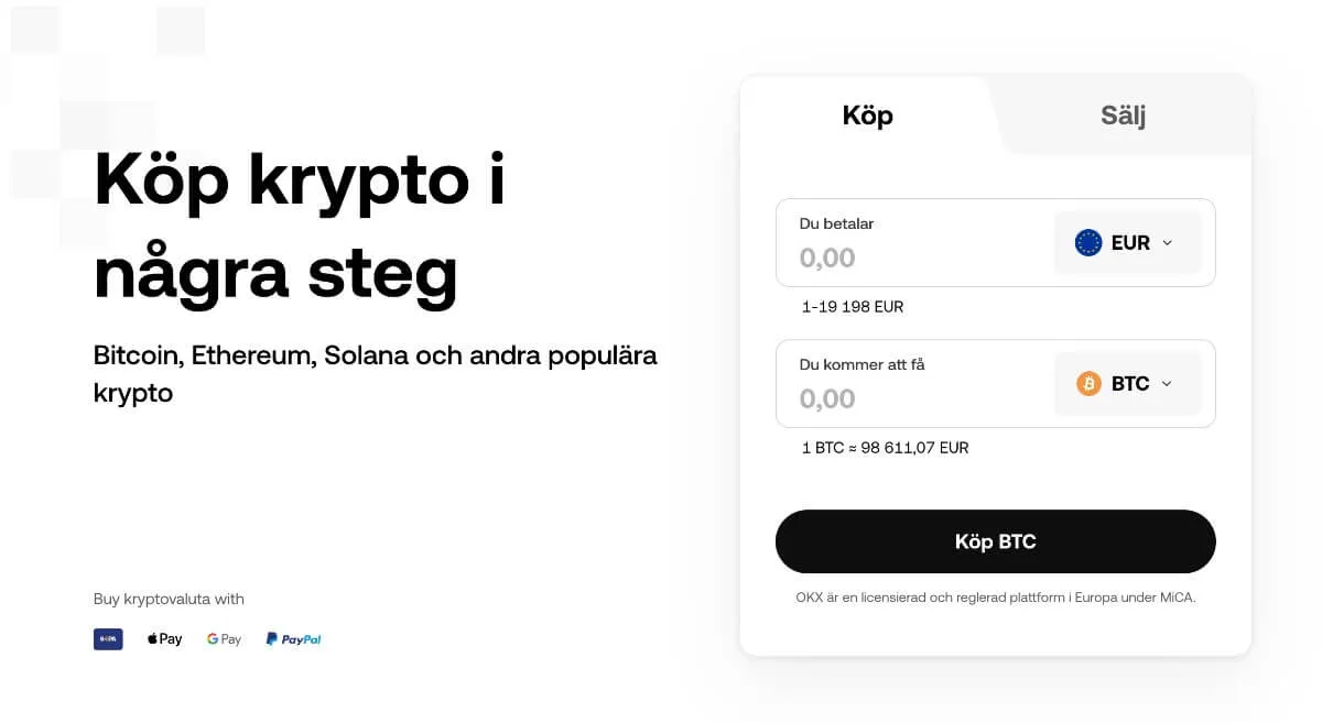 Köpformuläret på OKX hemsida där du köper Bitcoin med euro