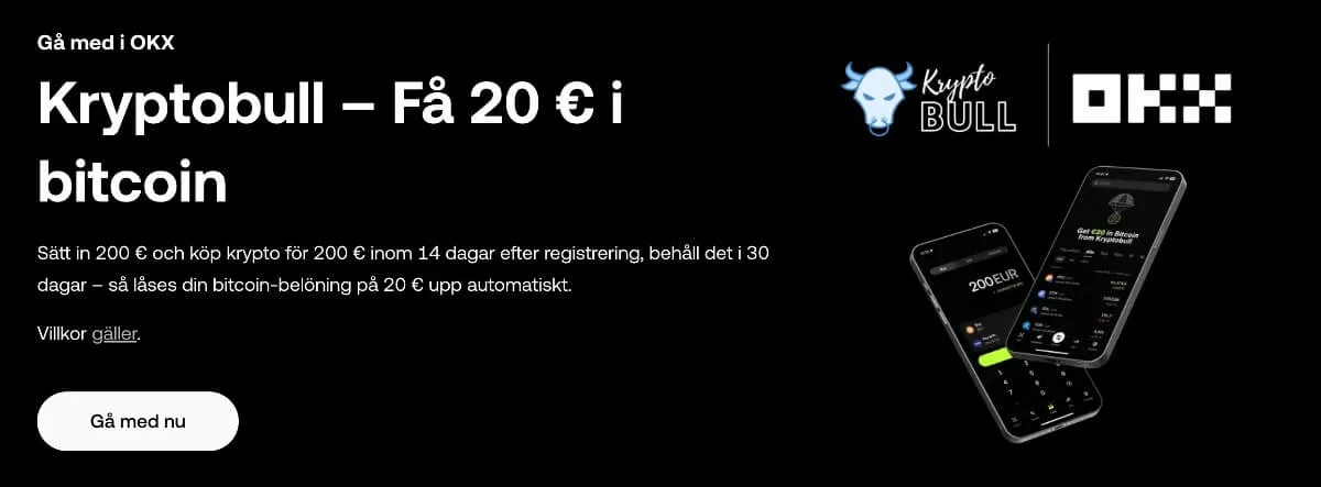 OKX-erbjudandet ”Kryptobull: Få 20 € i bitcoin” med två mobiler som visar OKX-appen