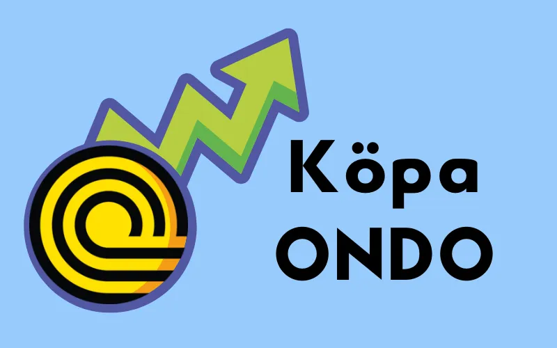 Ondo-mynt med stigande grön pil och texten ”Köpa ONDO”