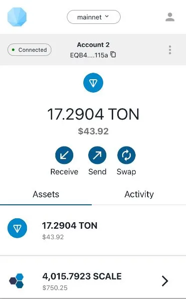 OpenMask-plånboken med 17,29 TON och knappar för att ta emot, skicka och växla