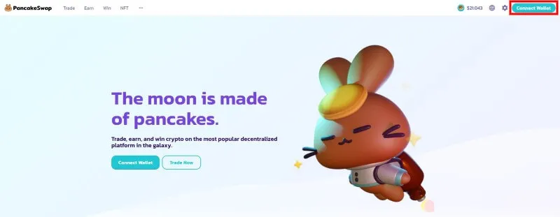 PancakeSwaps startsida med knappen Connect Wallet markerad uppe till höger