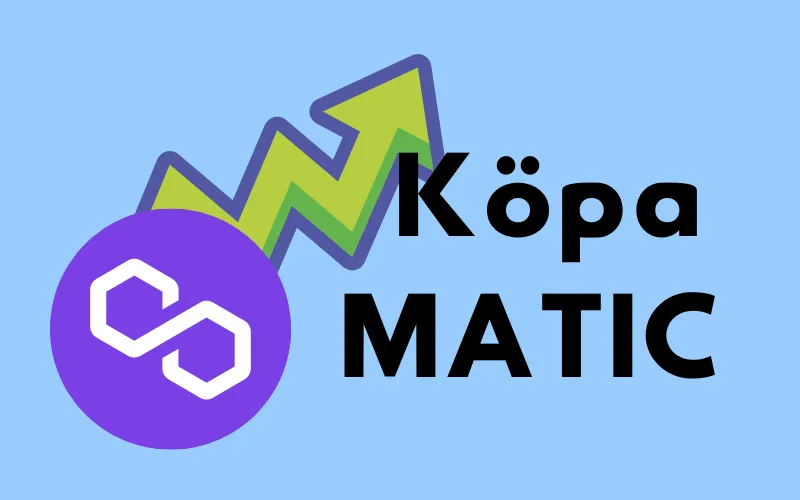 Polygons lila logotyp med stigande grön pil och texten ”Köpa MATIC”, det tidigare namnet på POL
