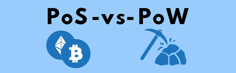 Ethereum- och Bitcoin-mynt mot en hacka och sten med texten ”PoS vs PoW”