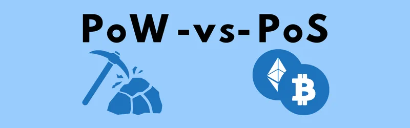 Hacka och sten mot Ethereum- och Bitcoin-mynt med texten ”PoW vs PoS”