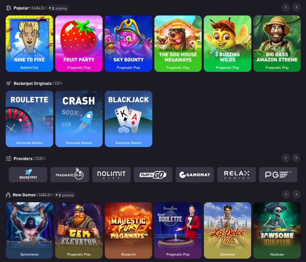 Spelutbudet på Rocketpot med populära slots, Rocketpot Originals och spelleverantörer