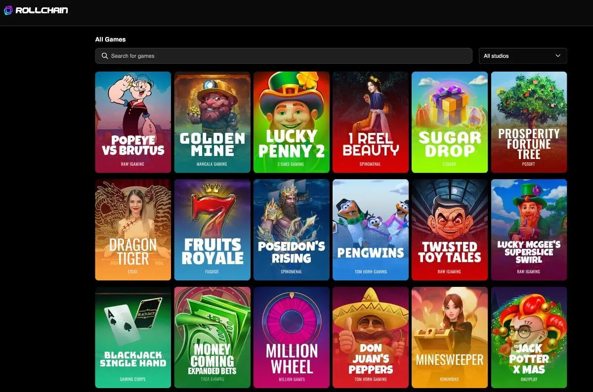 Spelutbudet på Rollchain med slots som Golden Mine och Sugar Drop