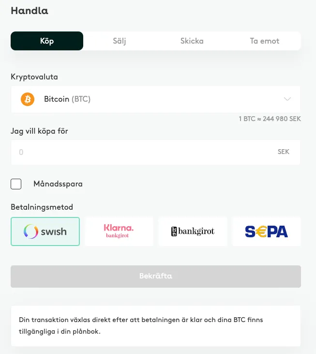 Köp av Bitcoin hos Safello med Swish, Klarna, Bankgirot och SEPA som betalningsmetoder