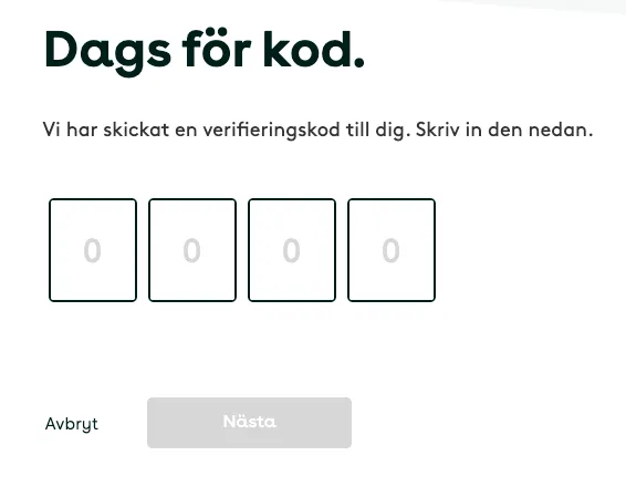 Steget ”Dags för kod” hos Safello med fyra rutor för verifieringskoden