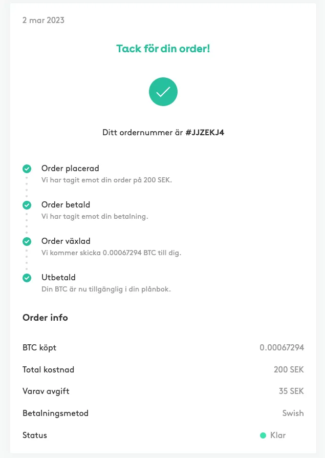 Kvitto hos Safello med ordernummer och bekräftelsen ”Tack för din order!”